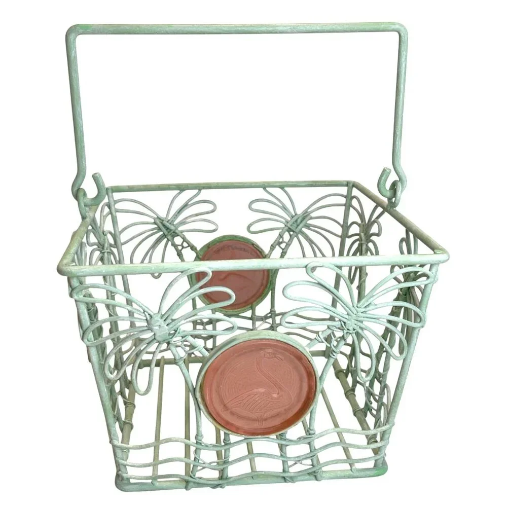 Wrought Iron Storage Basket Pink Flamingo Medallion Teal Green Metal Palm Tree